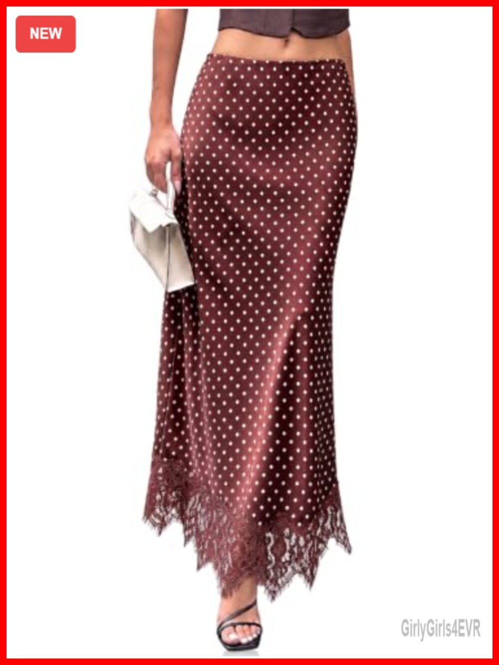 Polka Dot Satin Maxi Skirt High Waisted Lace Asymmetrical Hem Flowy A-Line